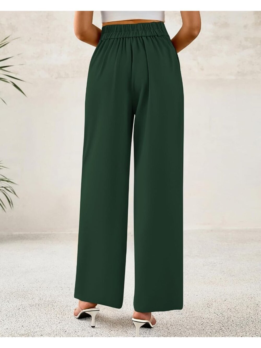 Women's Dark Green High Waisted Button Pleated Business Casual Wide Leg Pants - Picture 3 of 6